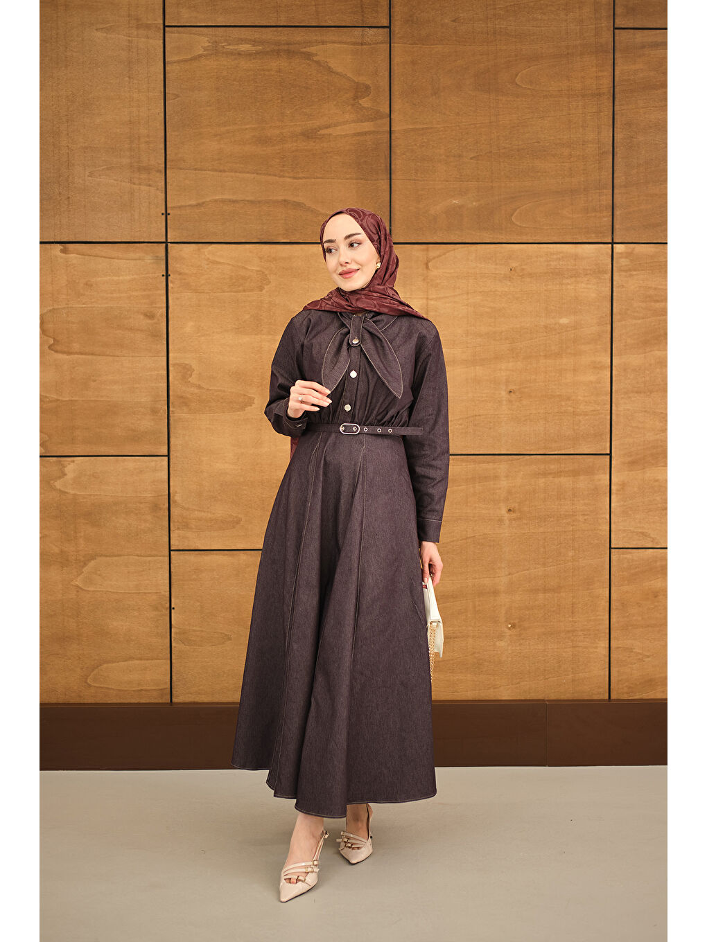 Kadın Süs Dikiş Detay Kemerli Elbise Mürdüm-3