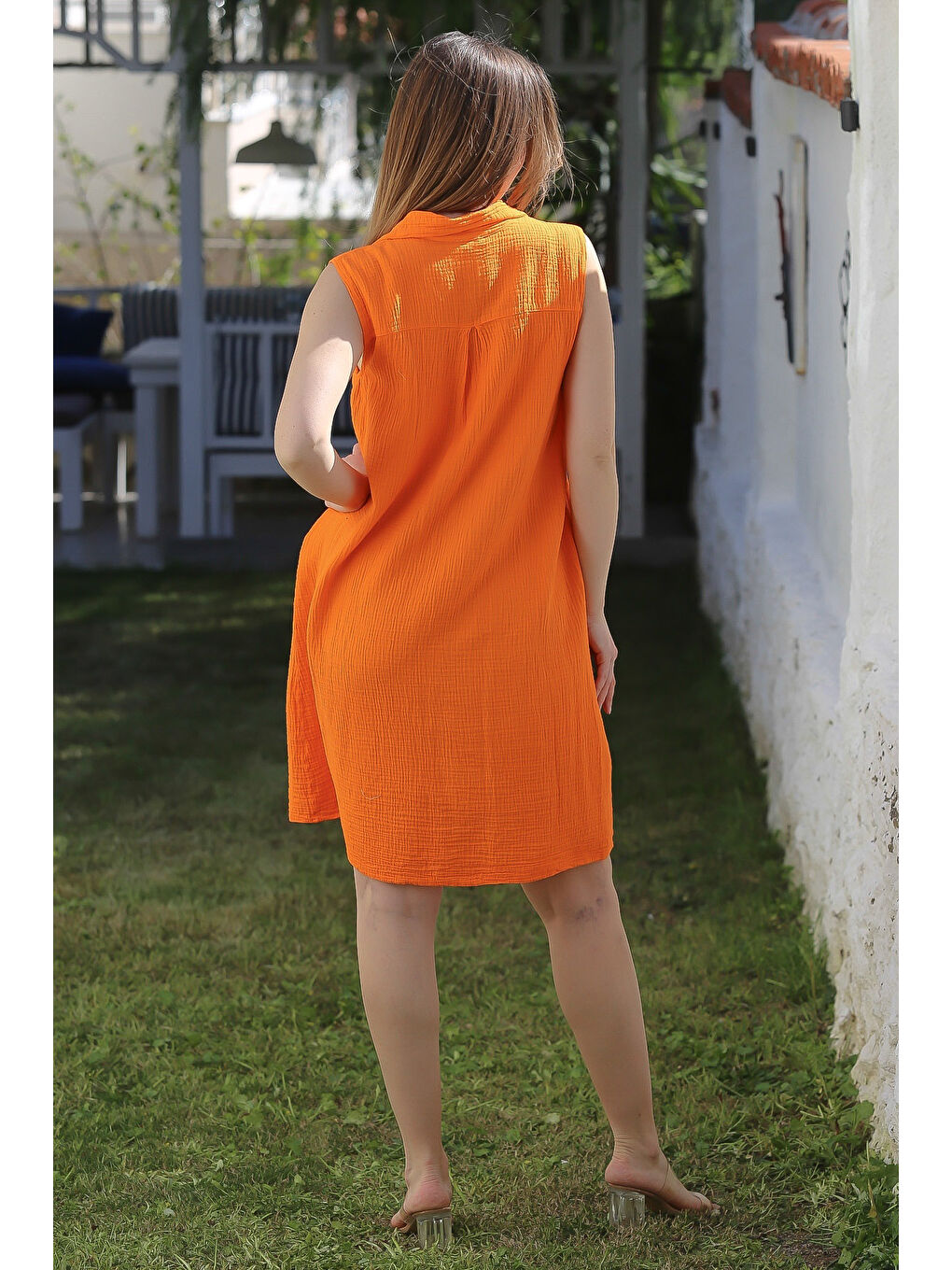 Turuncu Gömlek Yaka Kolsuz Düğmeli Cepli Yıkamalı Casual Müslin Dokuma Elbise 105 60-7