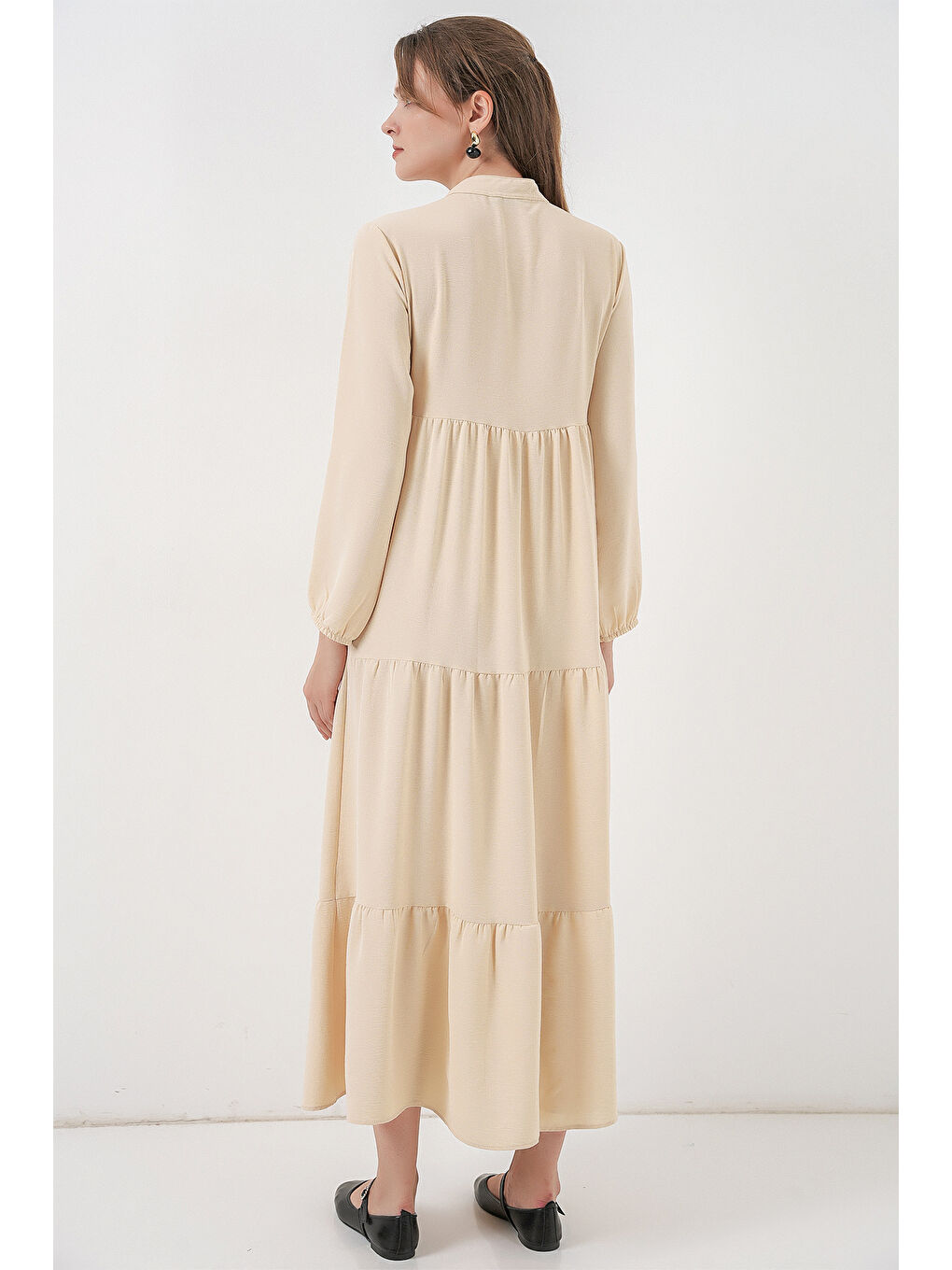 Ekru T1627 Yaka Bağcıklı Elbise - Krem-5