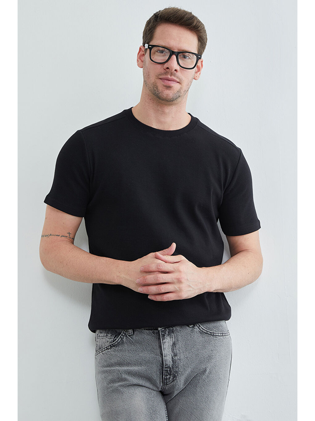 Siyah Basic Fitilli Bisiklet Yaka Tişört