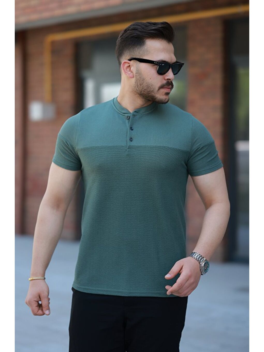 Yeşil Erkek Hakim Yakalı Kısa Kollu Pamuklu T-shirt