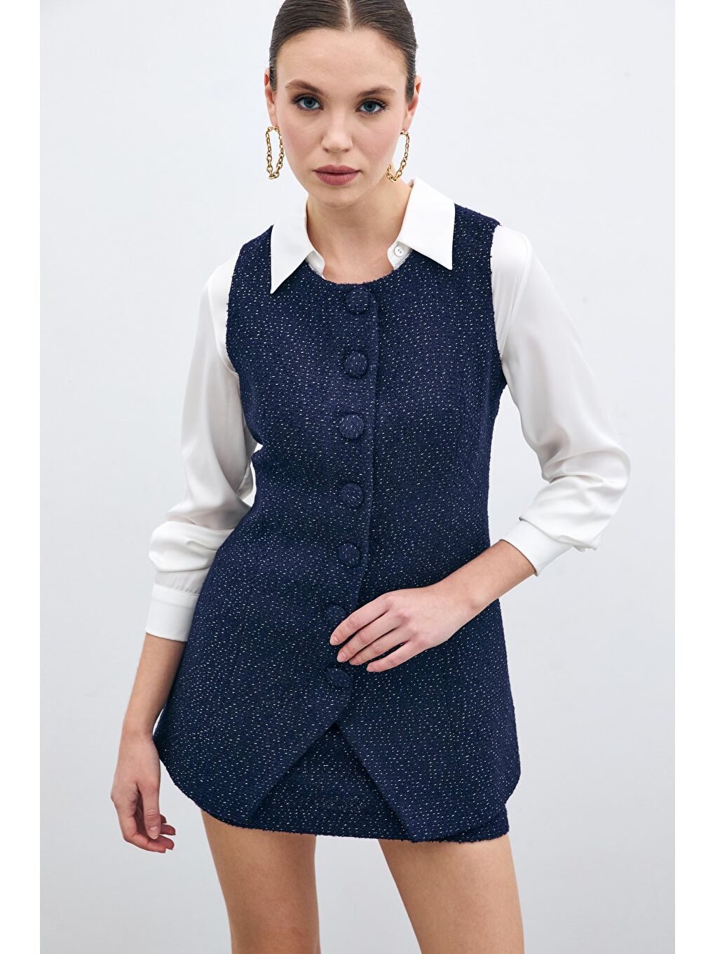 Düğmeli Tüvit Yelek - Lacivert-3