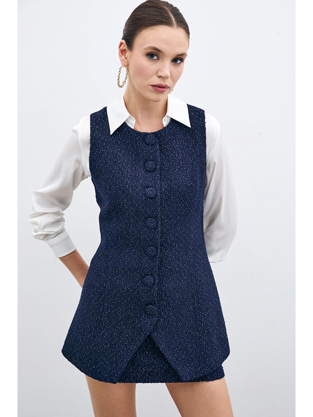 Düğmeli Tüvit Yelek - Lacivert-4