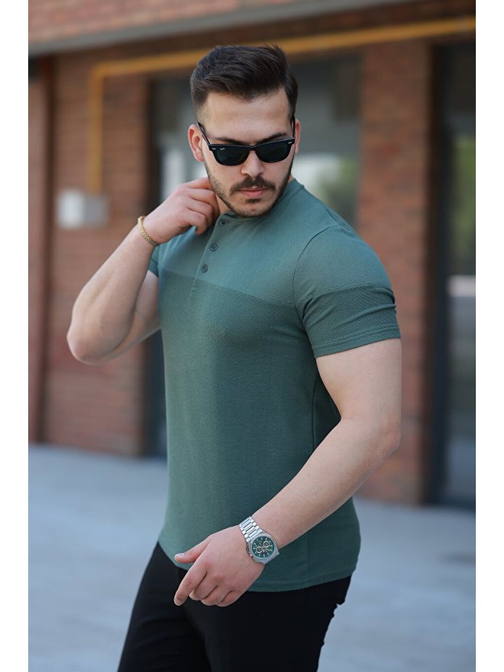 Yeşil Erkek Hakim Yakalı Kısa Kollu Pamuklu T-shirt-1