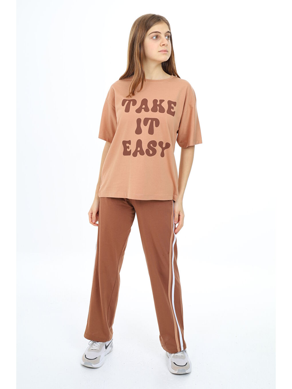 Bej Kız Çocuk Şerit Detaylı Alt-Üst 2'li Takım 12144-1