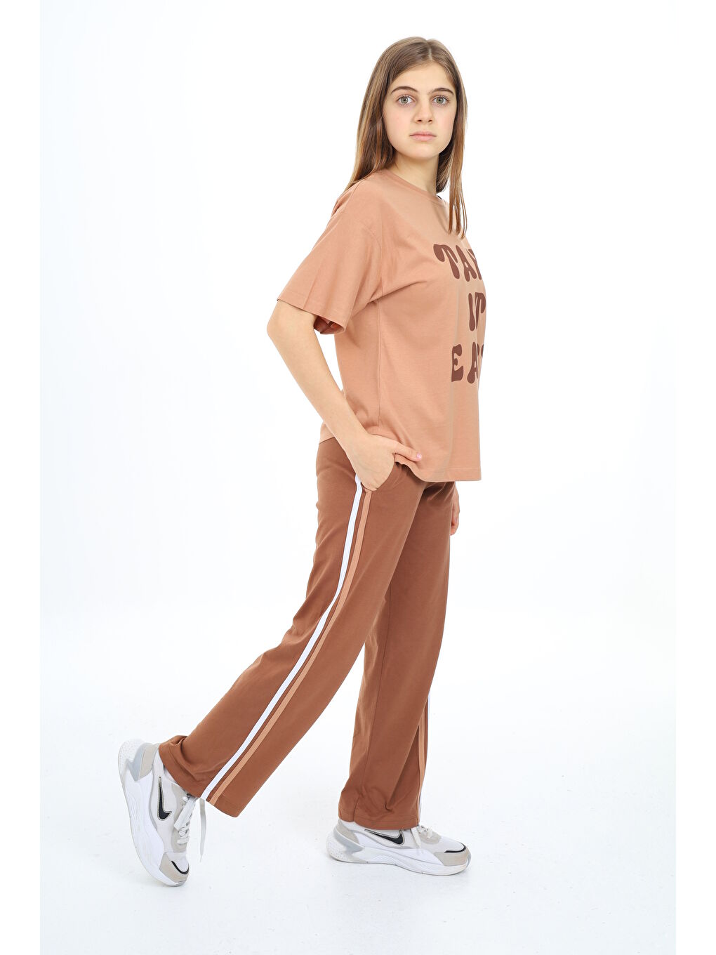 Bej Kız Çocuk Şerit Detaylı Alt-Üst 2'li Takım 12144-3