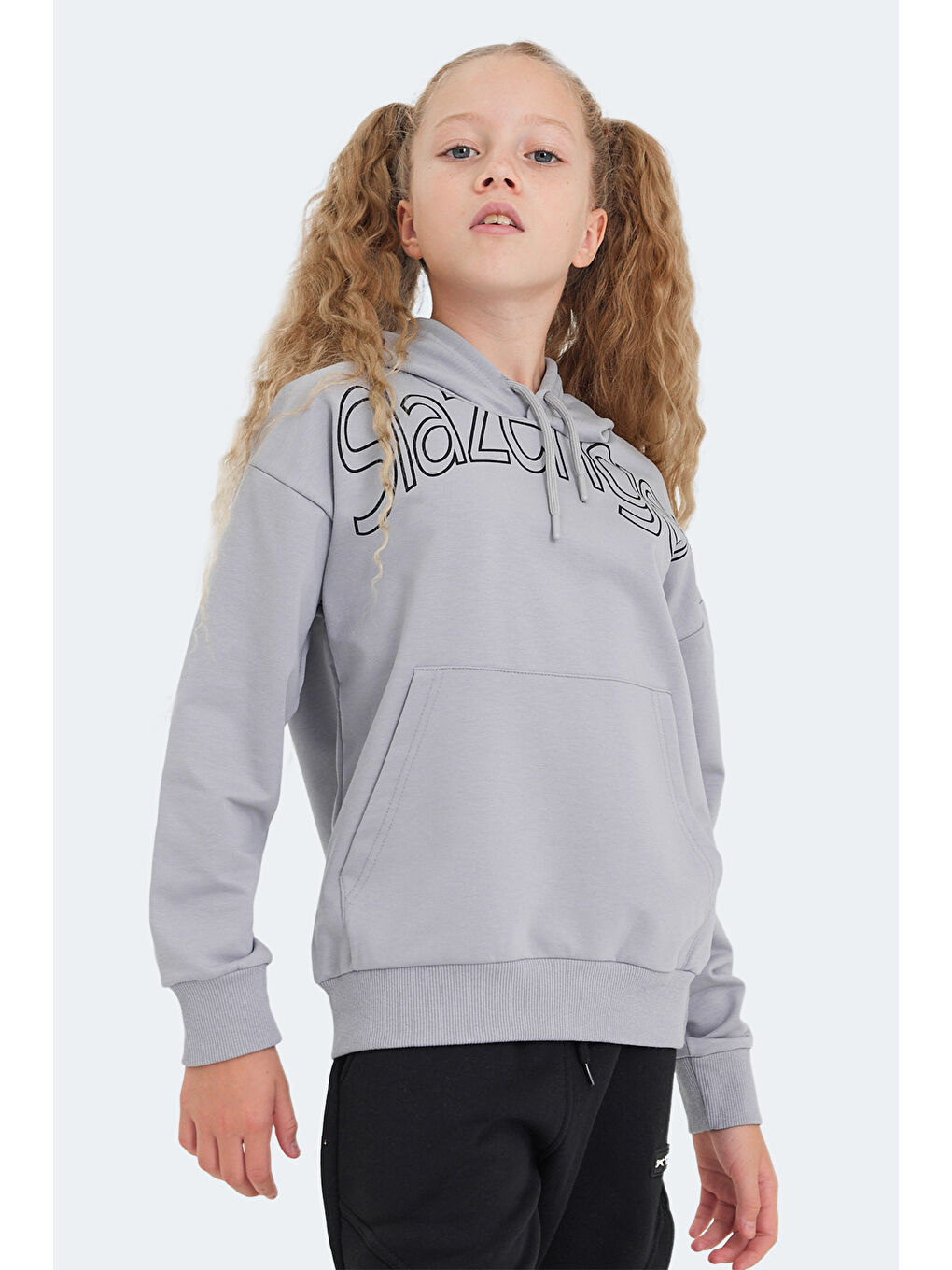 LETTO Unisex Çocuk Kapüşonlu Cepli Taş Gri Sweatshırt-2