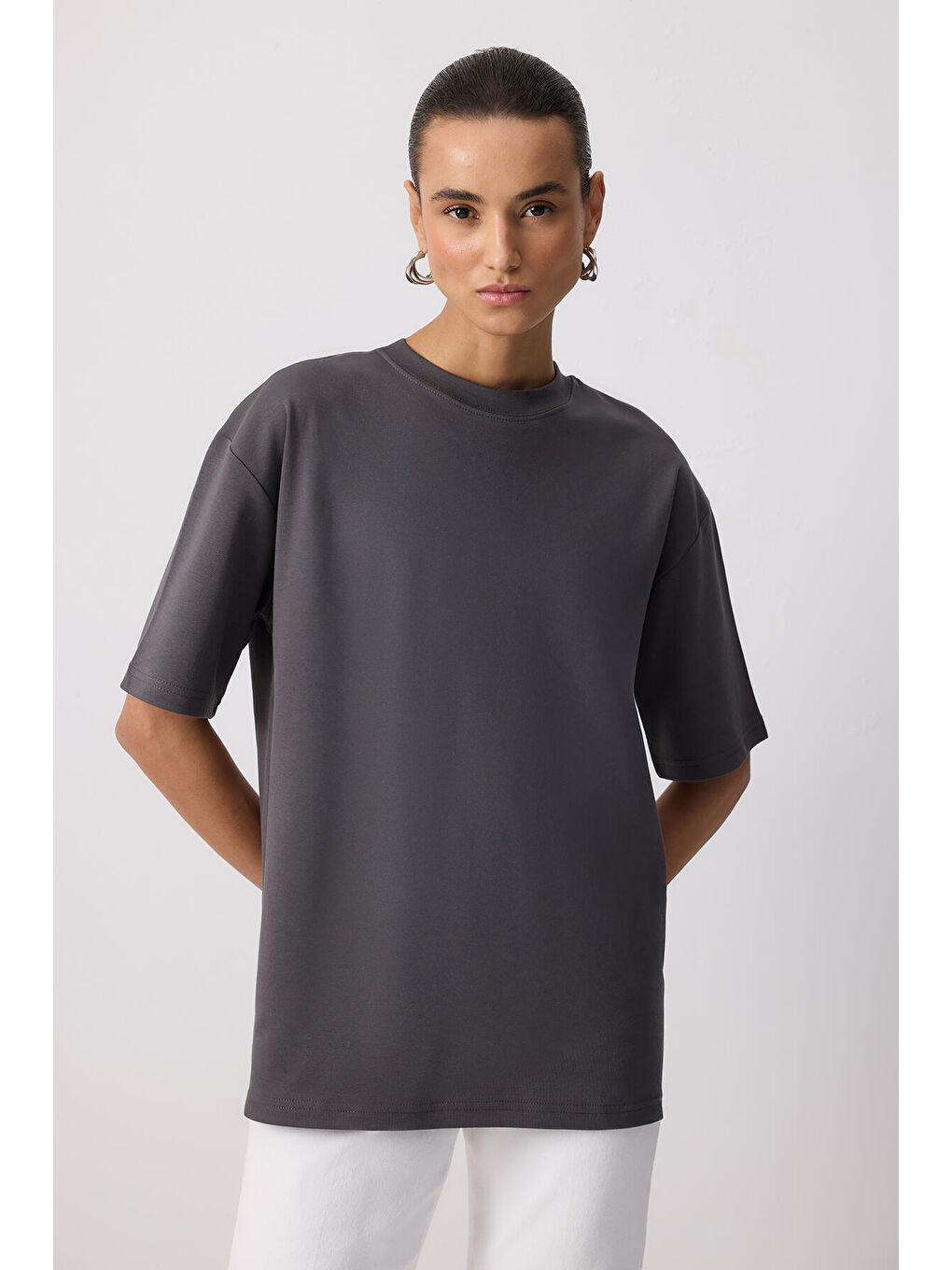 Antrasit %100 Pamuklu Kısa Kollu T-Shırt-1