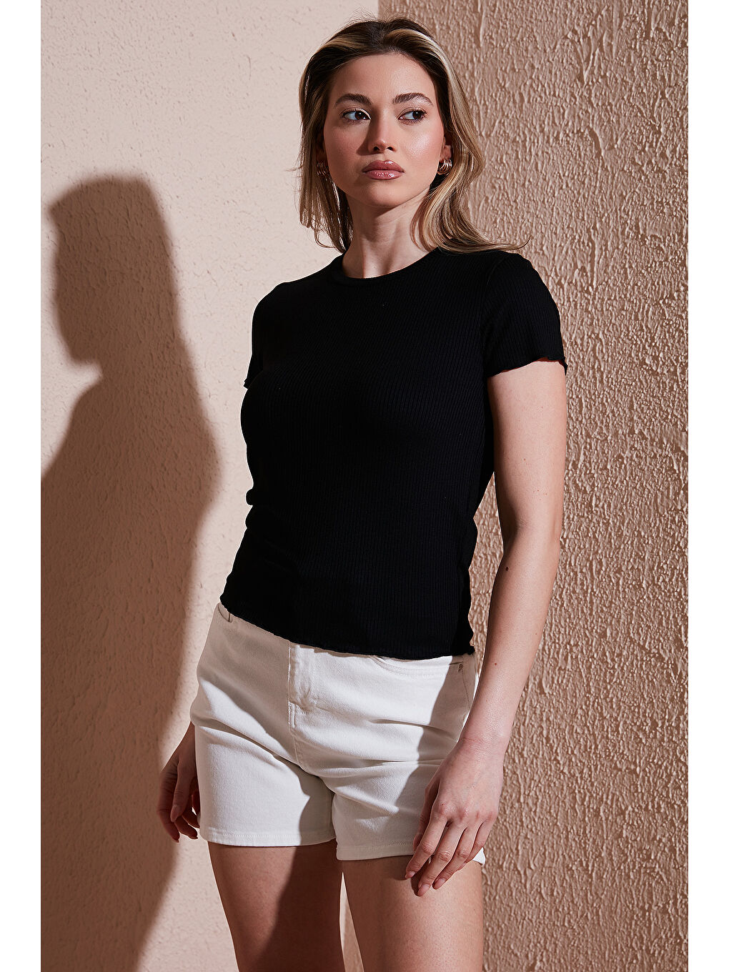 Siyah Slim Fit Bisiklet Yaka Fitlli Crop T Shirt 25Y0444K1-2