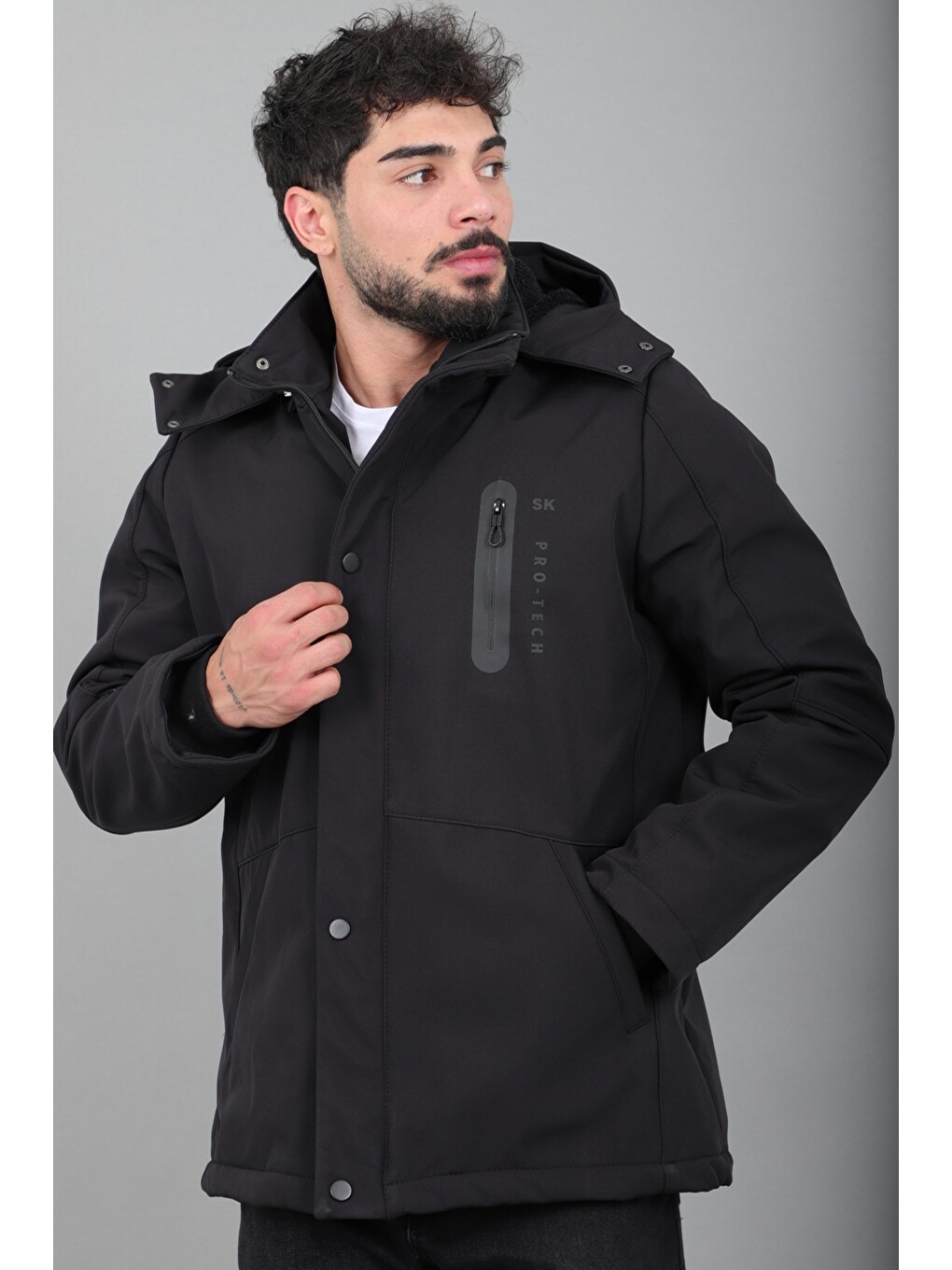 Siyah Çift Renk İçi Kürklü Softshell Kışlık Mont Pldp 3041_50525-2