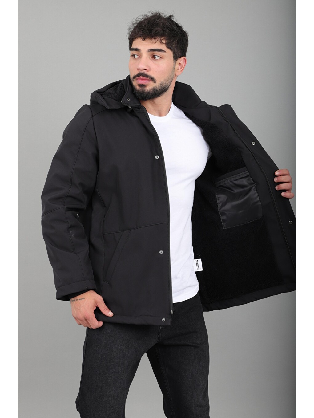 Siyah Çift Renk İçi Kürklü Softshell Kışlık Mont Pldp 3041_50525-3