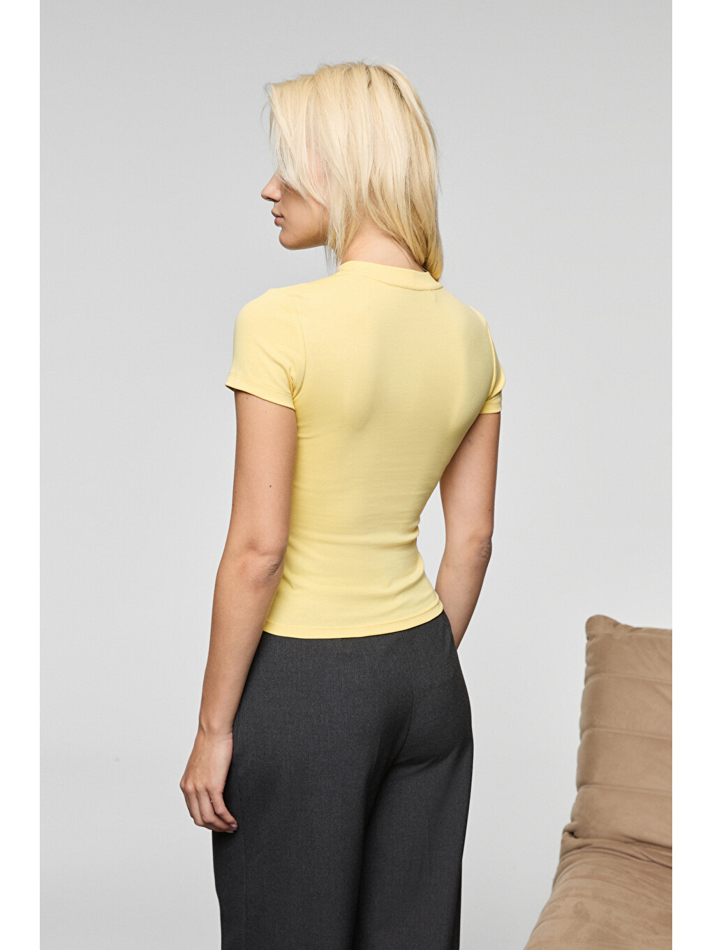 Sarı HOPEWELL Kadın Yuvarlak Yaka Örme Slim Fit SARI T-Shirt-5