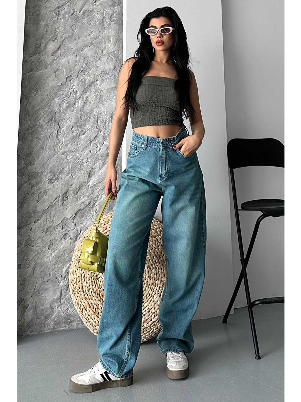 Taş Bıyık Baggy Jean Pantolon Yeşil Tint Yikama - 27270