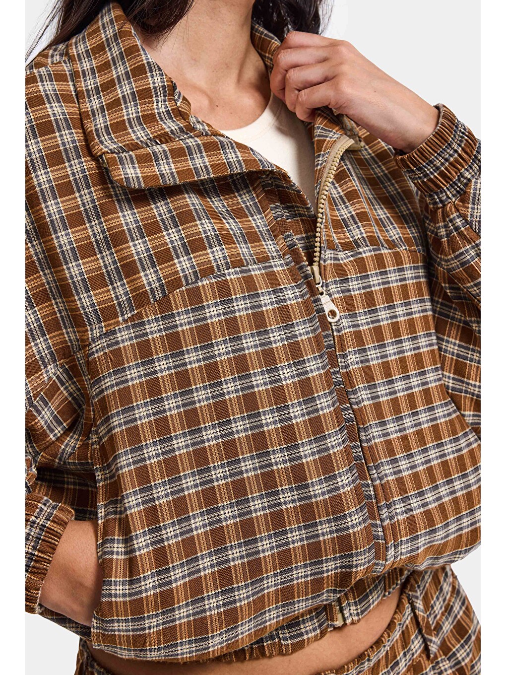 Kahverengi Kadın Kahve Ekose W6-32 Oversize Kemer Boy Tasarım Ceket-6