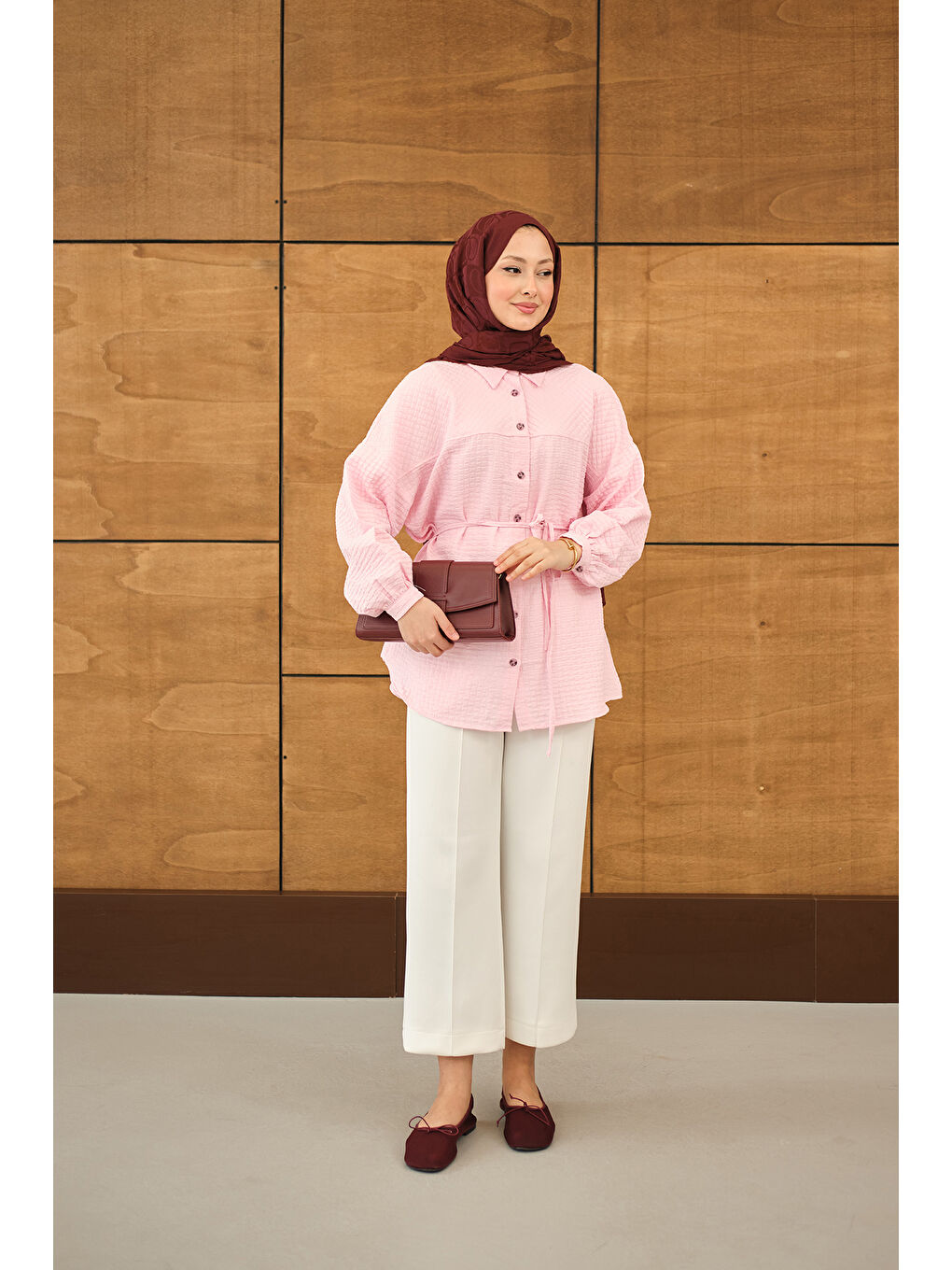 Kadın Kabartma Kare Desenli Gömlek Pembe-1