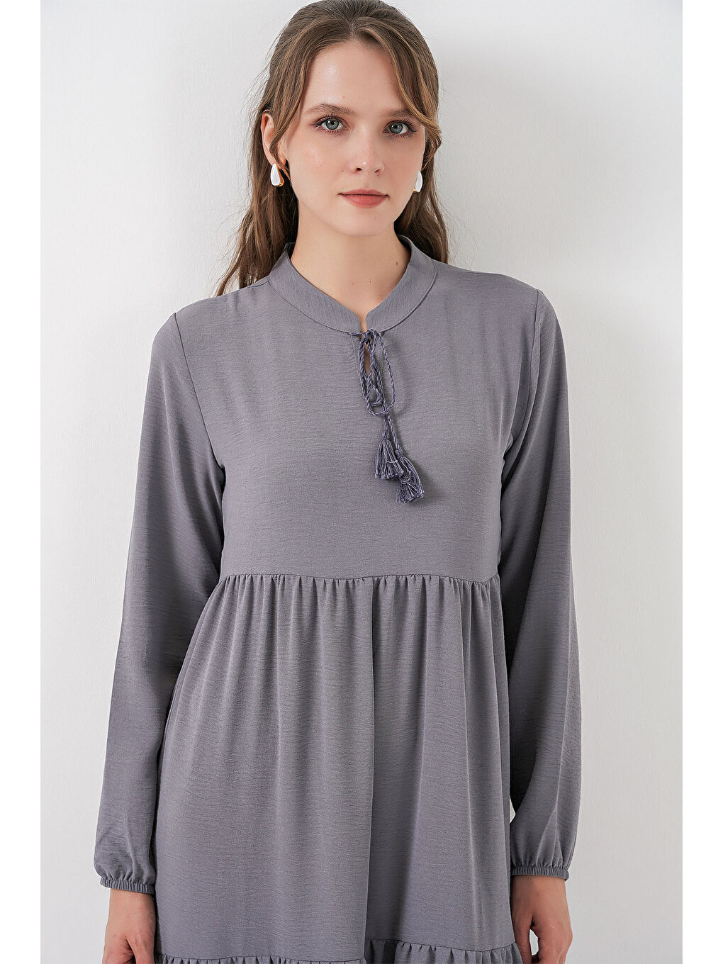 T1627 Yaka Bağcıklı Elbise - Gri-1