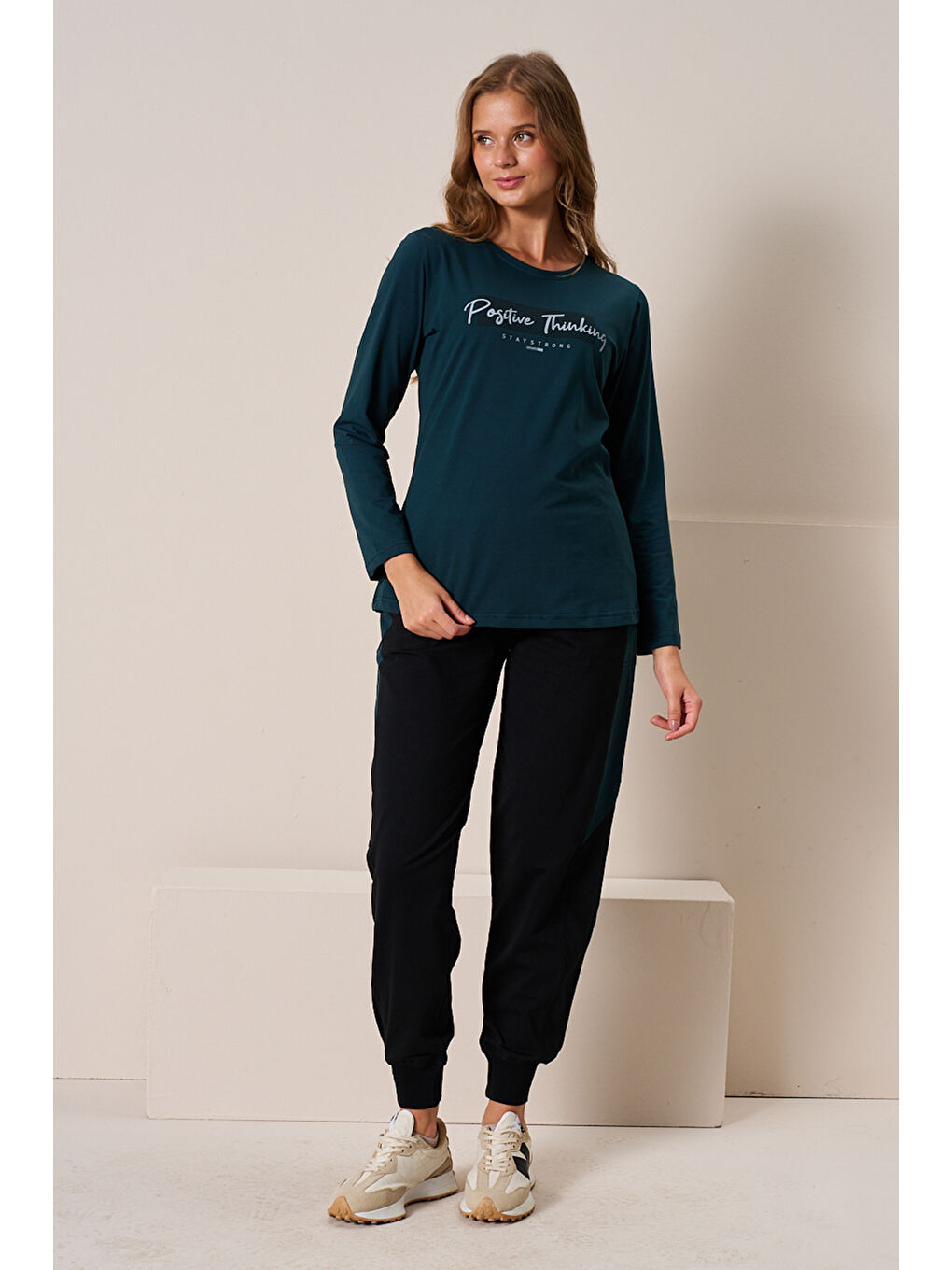 Kadın Penye Uzun Kol Pijama Takımı 3199 Petrol-1