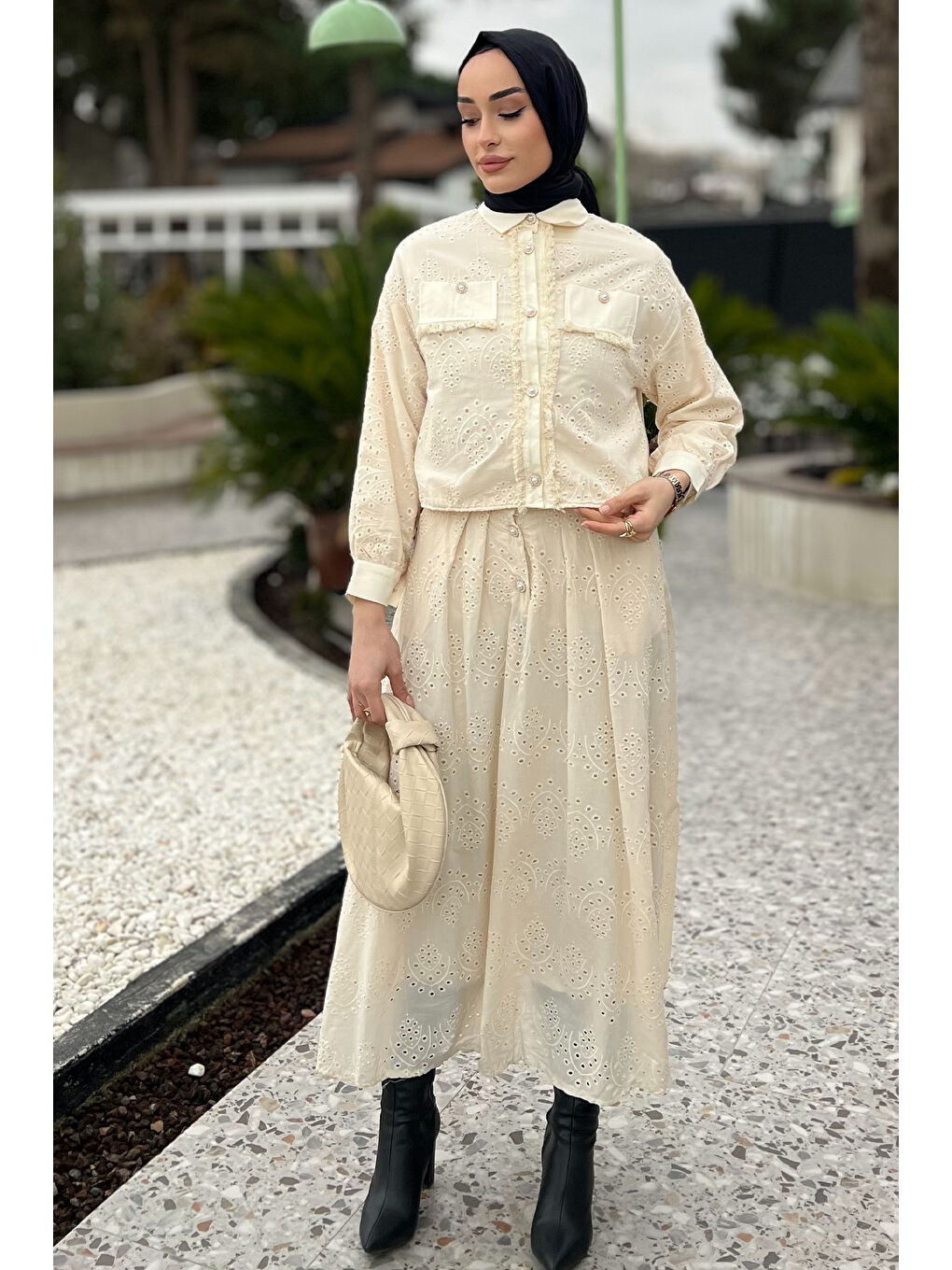 Bej Kadın Taşlı Ve Fistolu Gömlek Etek Tesettür İkili Takım-5