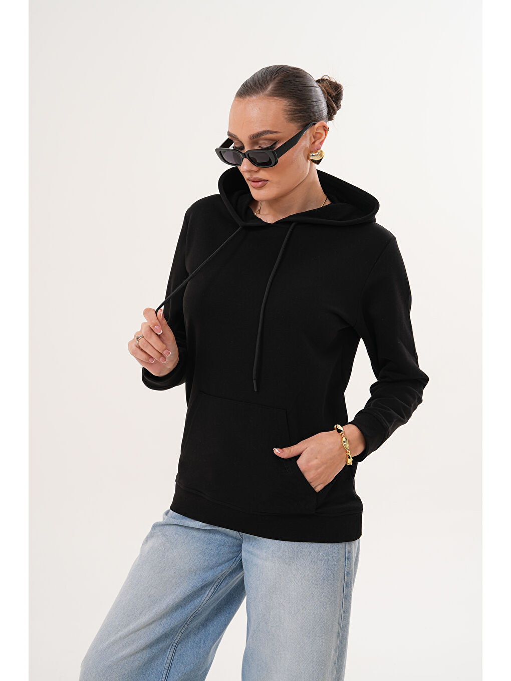 Siyah Unisex %100 Pamuk Basic Premium Kapüşonlu Sweatshirt