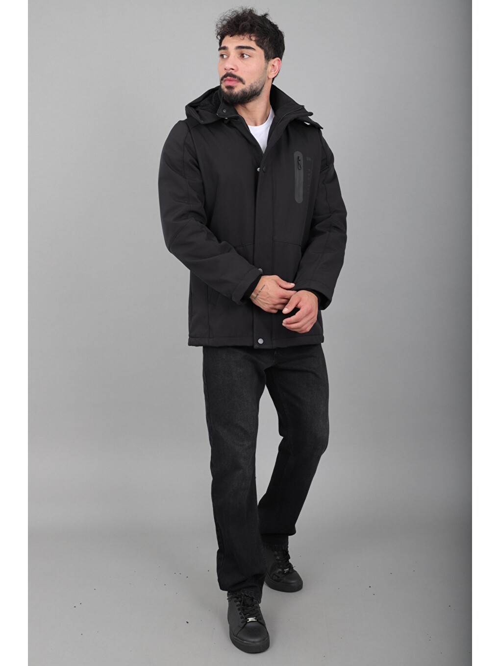 Siyah Çift Renk İçi Kürklü Softshell Kışlık Mont Pldp 3041_50525-5