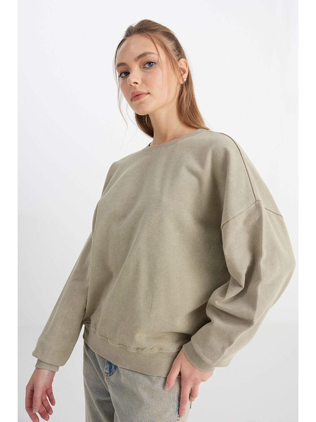 Relaxed Fit Geniş Kesim Bisiklet Yaka %100 Pamuk Haki Sweatshirt-1