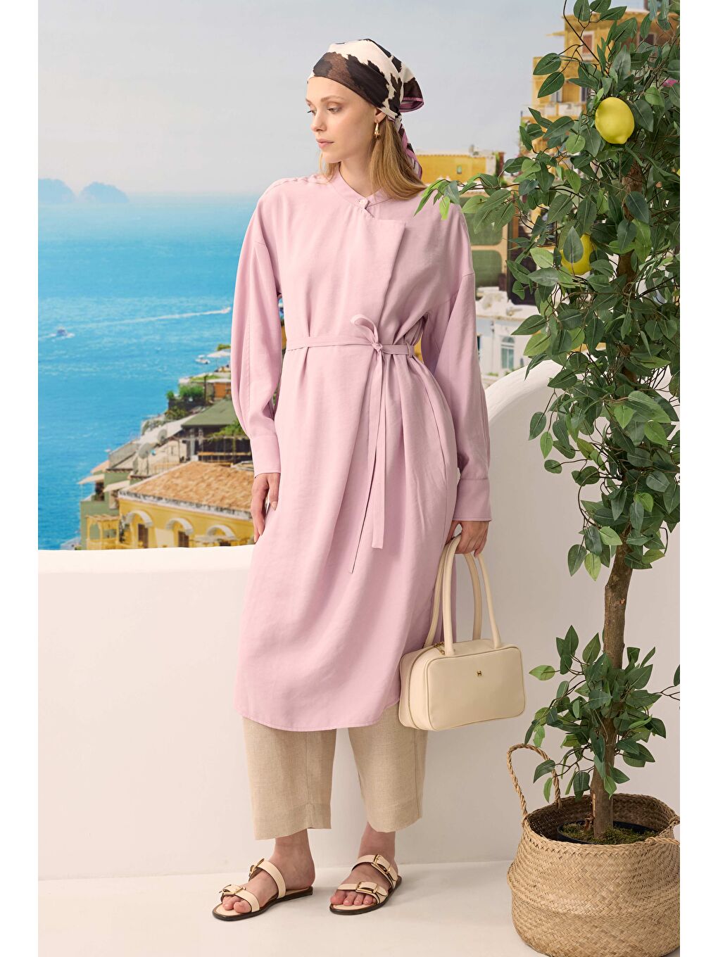 Lila Yakası Geniş Pile Detaylı Tunik Açık Leylak-1