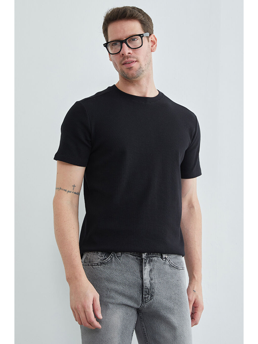 Siyah Basic Fitilli Bisiklet Yaka Tişört-3