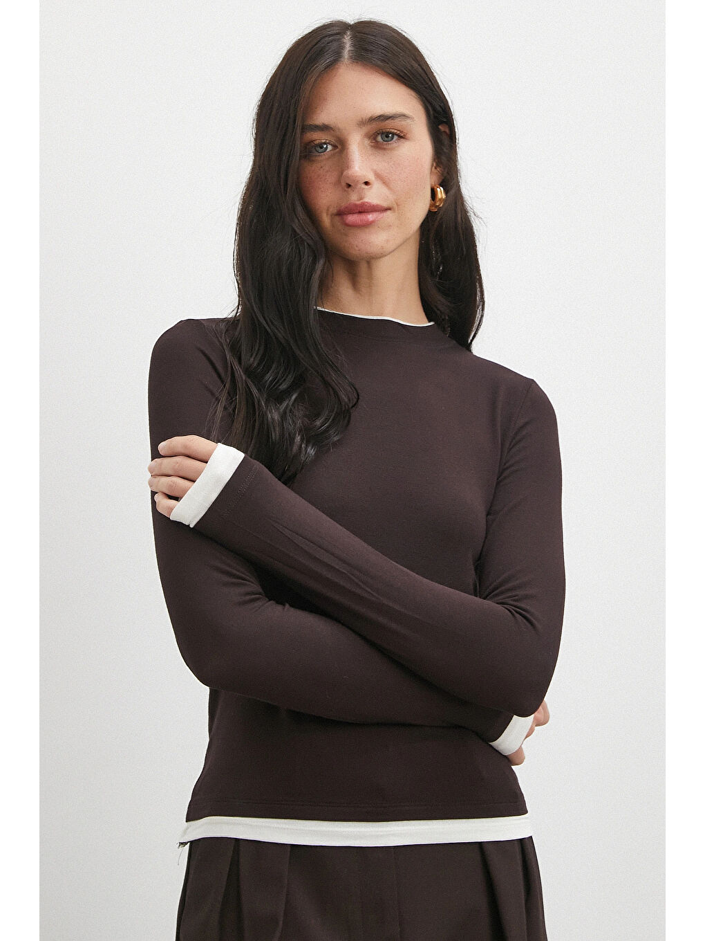 Karışık Garnili Bisiklet Yaka Bluz Kahve-2