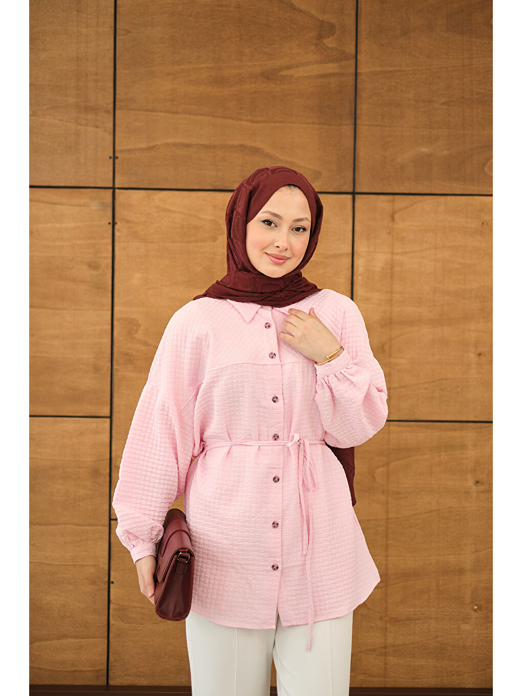 Kadın Kabartma Kare Desenli Gömlek Pembe-3