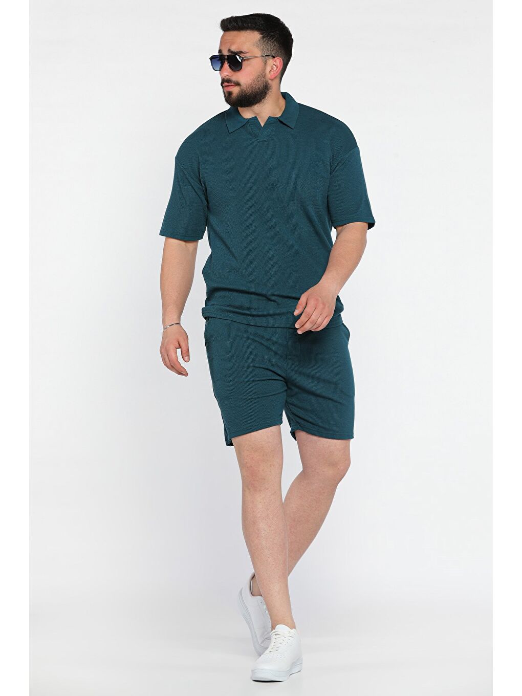 Yeşil Kendinden Desenli Polo Yaka Erkek Tişört Şort İkili Takım-1