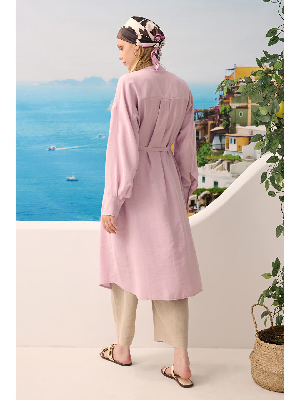 Lila Yakası Geniş Pile Detaylı Tunik Açık Leylak-3