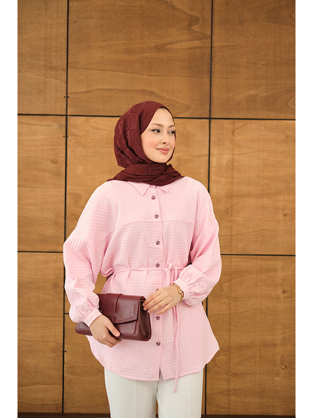Kadın Kabartma Kare Desenli Gömlek Pembe-4