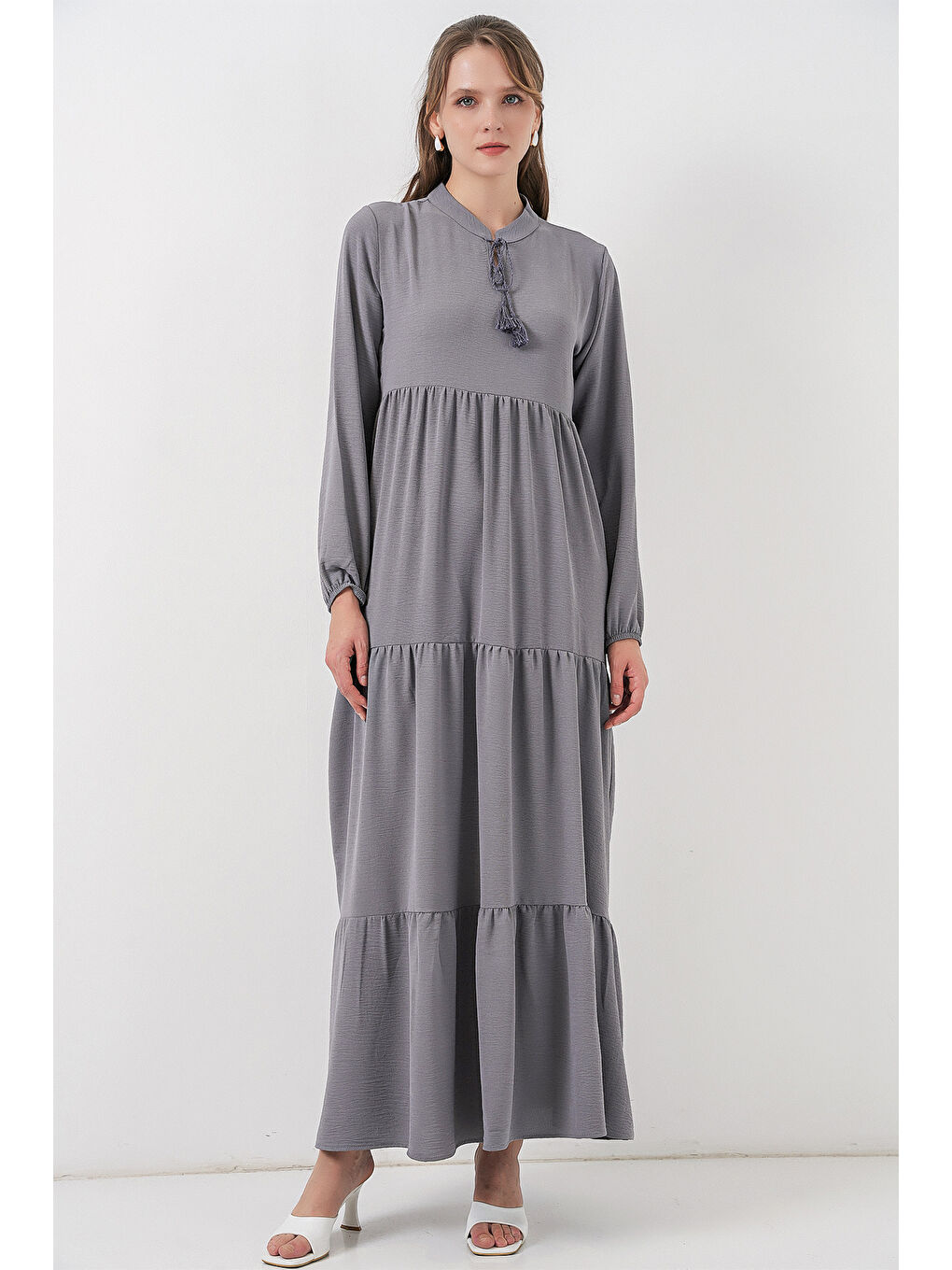 T1627 Yaka Bağcıklı Elbise - Gri-2
