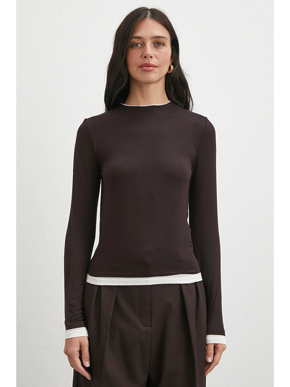 Karışık Garnili Bisiklet Yaka Bluz Kahve-4