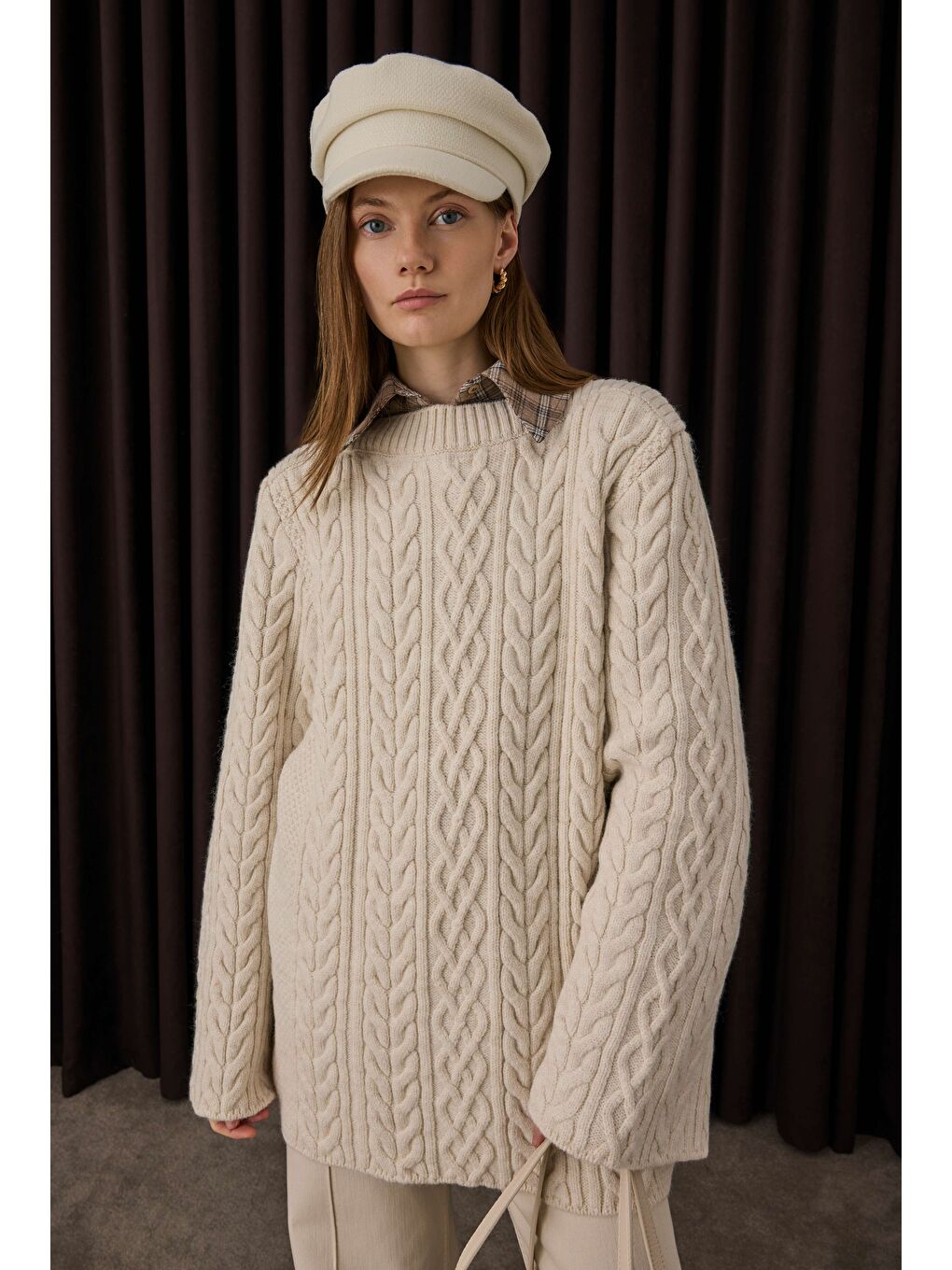 Saç Örgülü Kazak Ekru-1