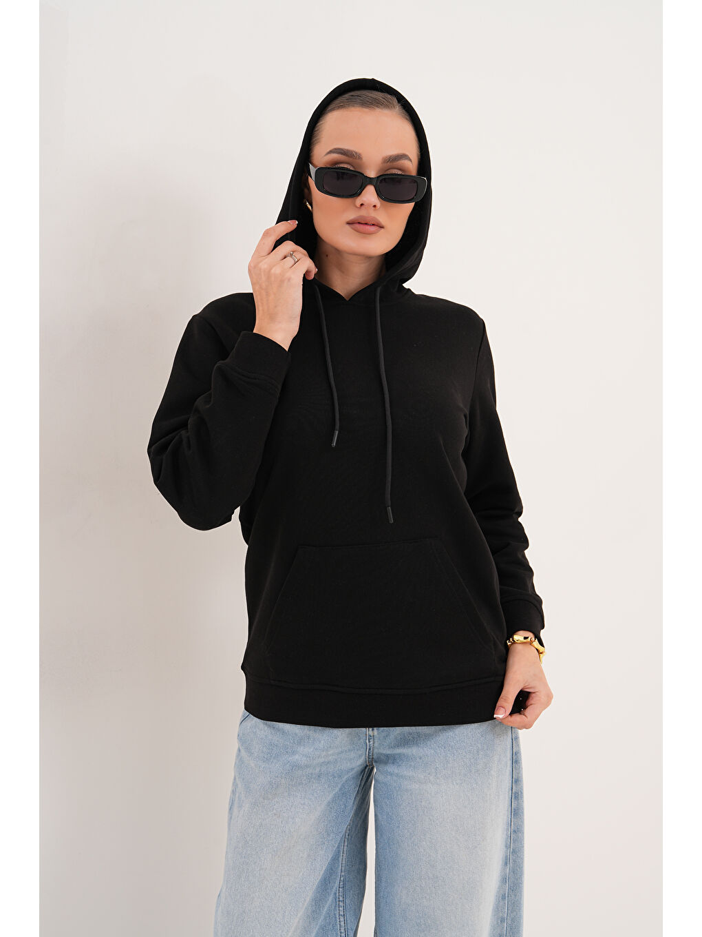 Siyah Unisex %100 Pamuk Basic Premium Kapüşonlu Sweatshirt-1