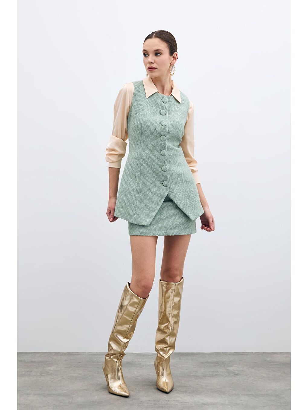 Yeşil Düğmeli Tüvit Yelek - Mint-1