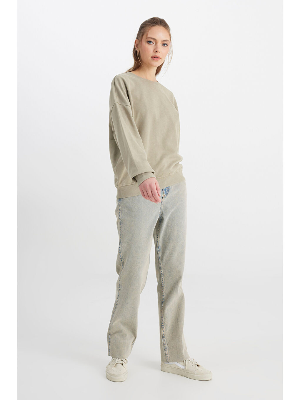 Relaxed Fit Geniş Kesim Bisiklet Yaka %100 Pamuk Haki Sweatshirt-2