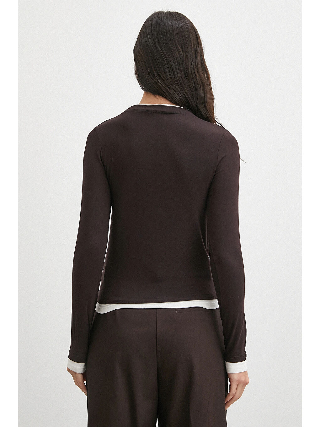 Karışık Garnili Bisiklet Yaka Bluz Kahve-5