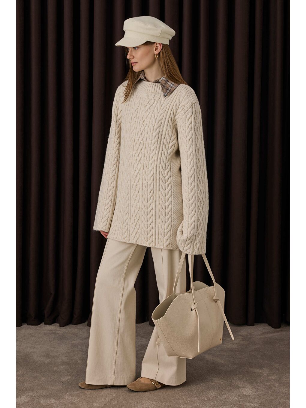 Saç Örgülü Kazak Ekru-2