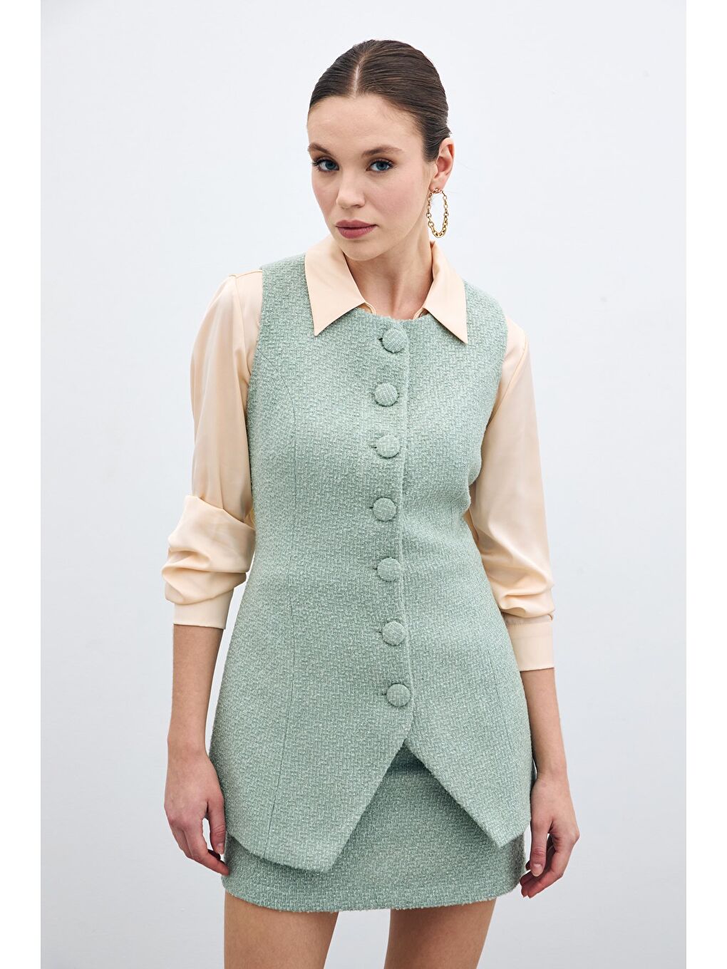 Yeşil Düğmeli Tüvit Yelek - Mint-2