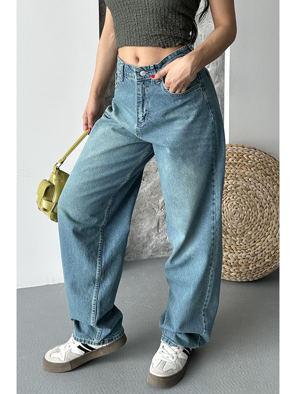 Taş Bıyık Baggy Jean Pantolon Yeşil Tint Yikama - 27270-1