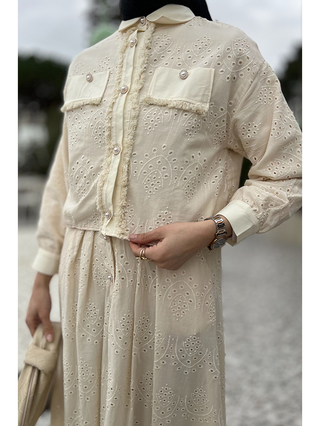 Bej Kadın Taşlı Ve Fistolu Gömlek Etek Tesettür İkili Takım-7