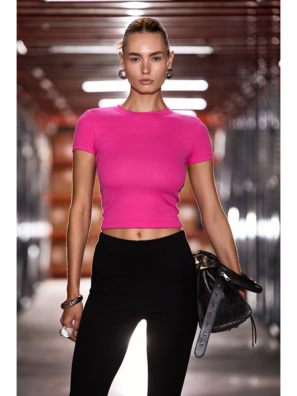 Pembe HOPEWELL Kadın Yuvarlak Yaka Örme Slim Fit KOYU PEMBE T-Shirt