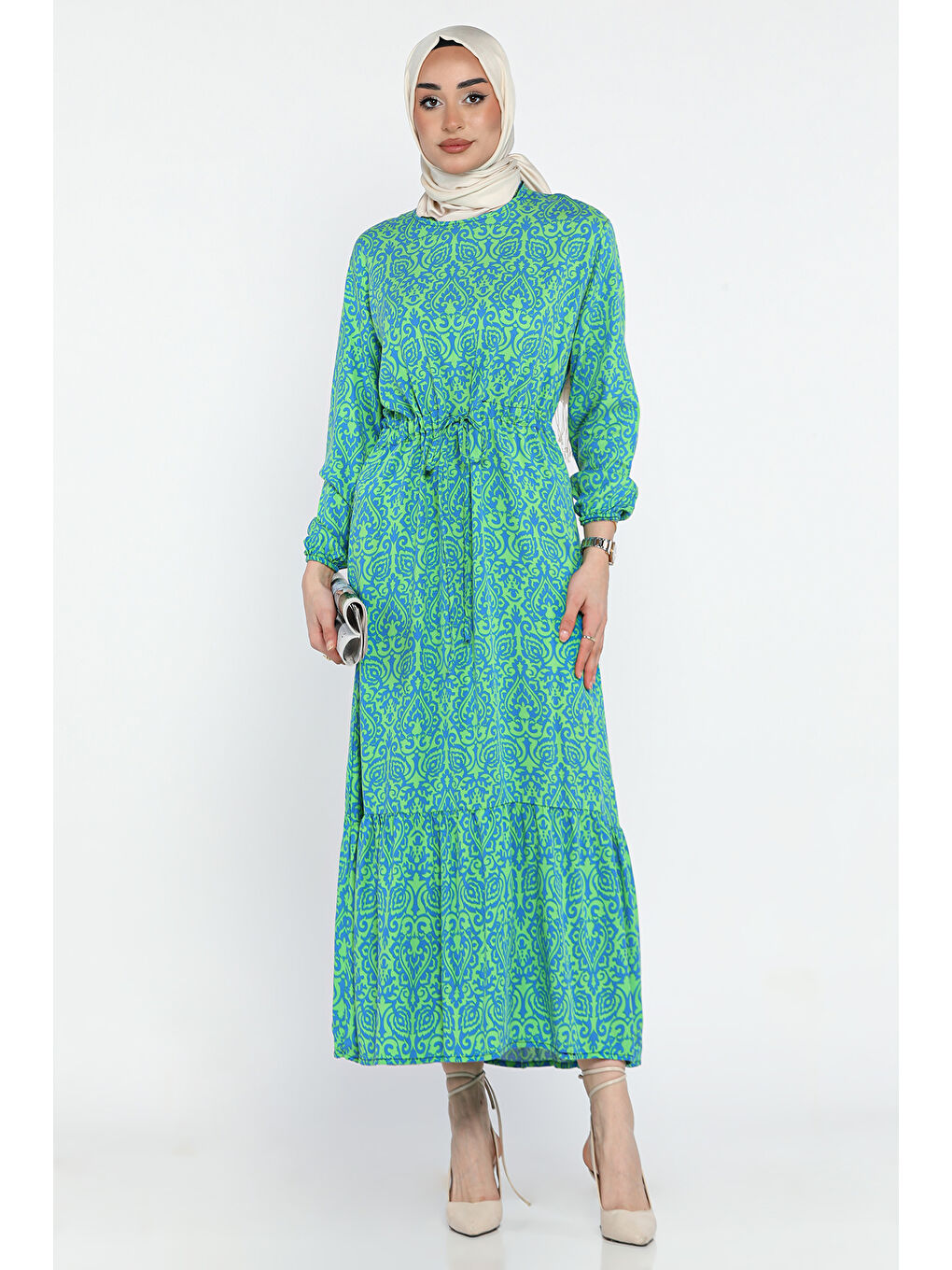 Yeşil Desenli Bel Bağlamalı Tesettür Viskon Elbise-2