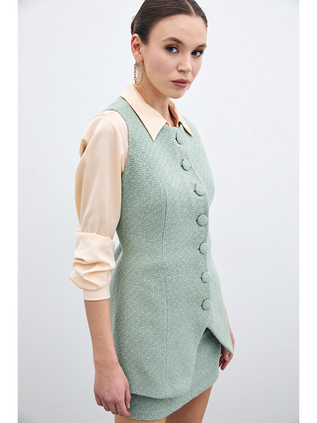 Yeşil Düğmeli Tüvit Yelek - Mint-3