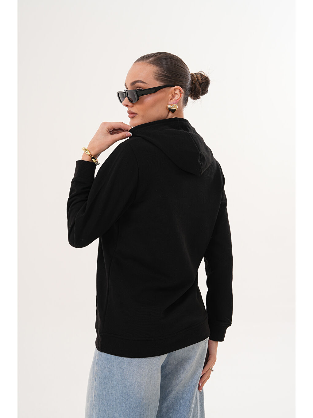 Siyah Unisex %100 Pamuk Basic Premium Kapüşonlu Sweatshirt-3