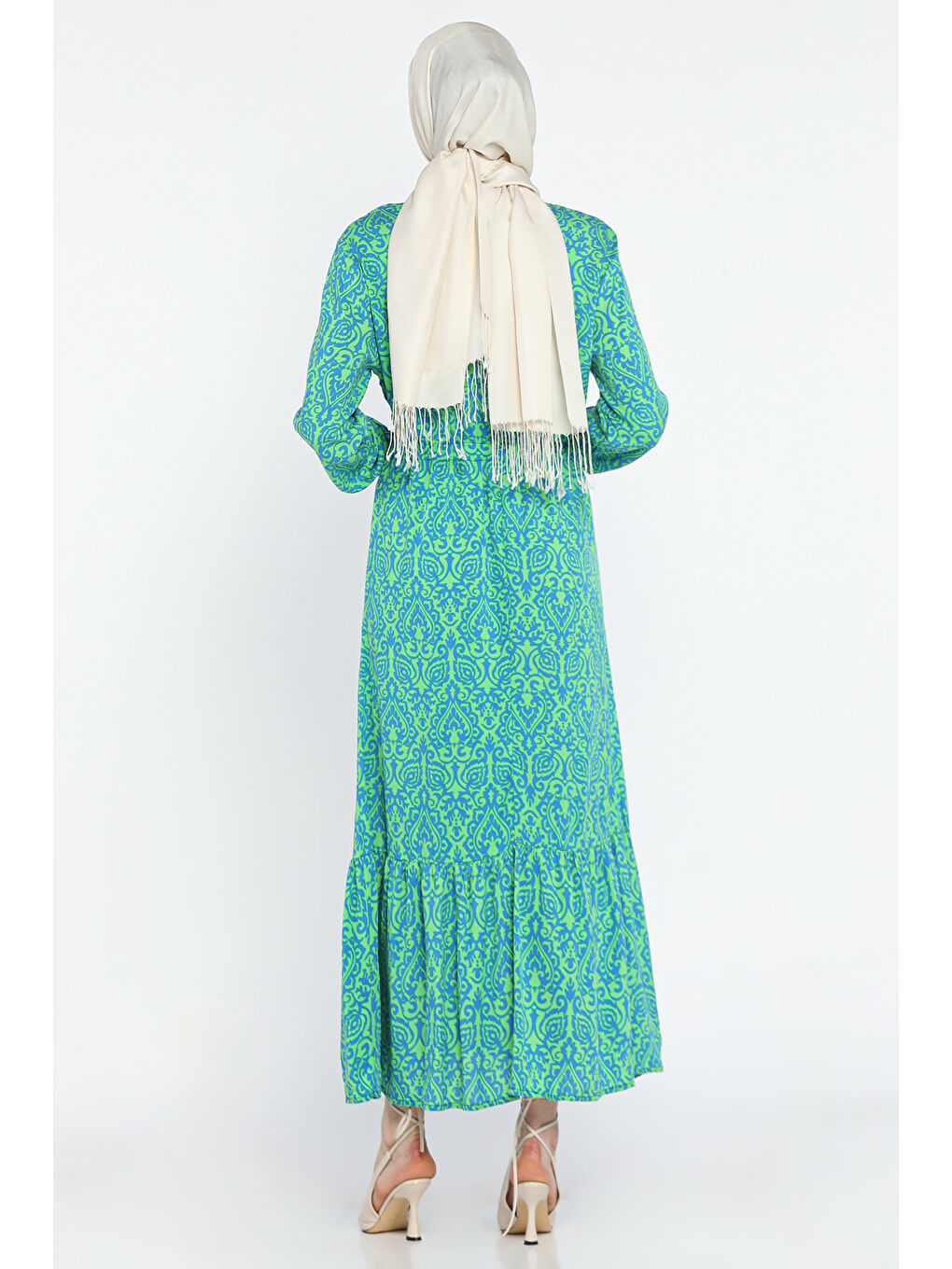 Yeşil Desenli Bel Bağlamalı Tesettür Viskon Elbise-4