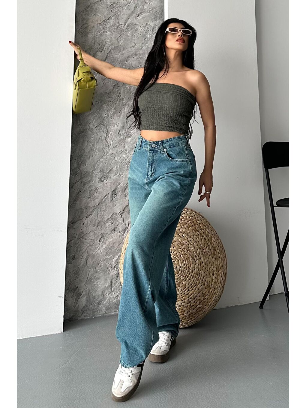 Taş Bıyık Baggy Jean Pantolon Yeşil Tint Yikama - 27270-2