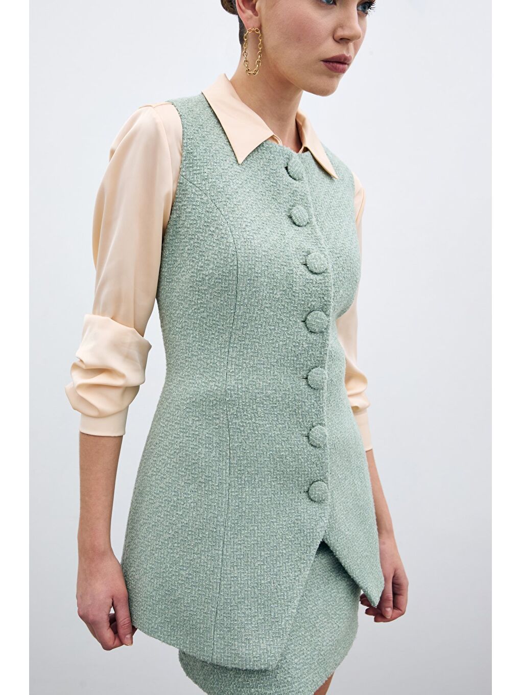 Yeşil Düğmeli Tüvit Yelek - Mint-4
